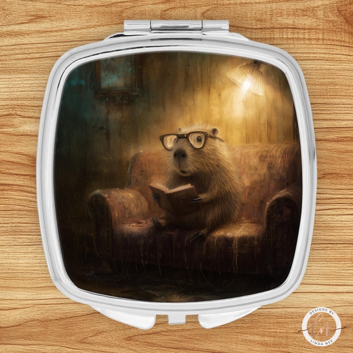 A capybara wearing glasses is sitting on a couch, reading a book in a cozy, dimly lit room.