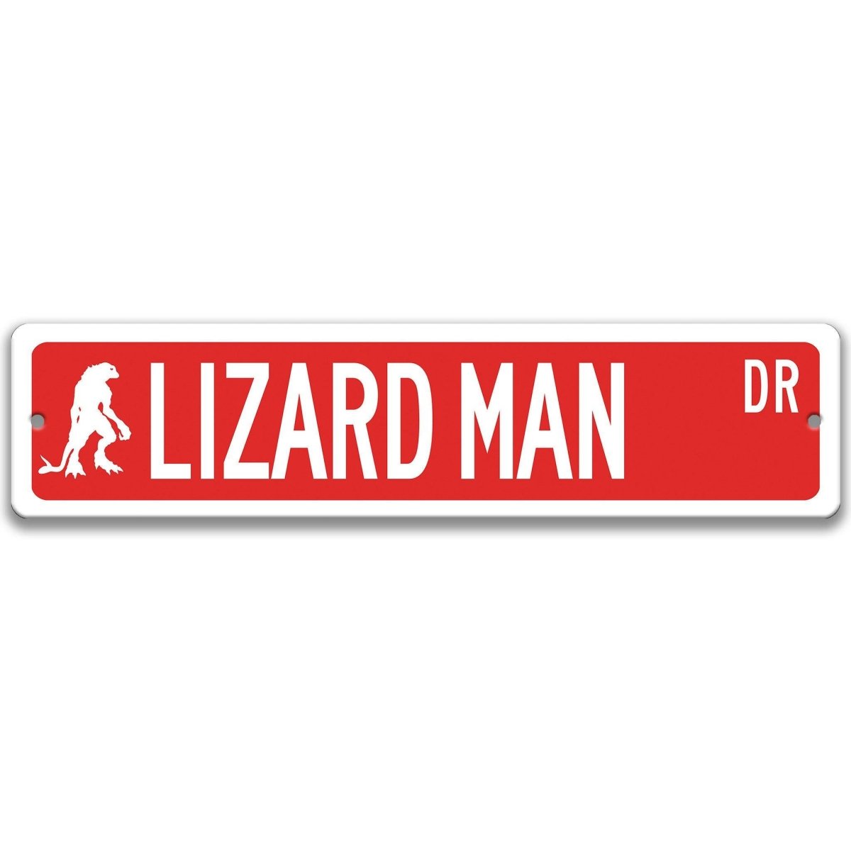 Red Lizard Man aluminum street name sign with white lettering