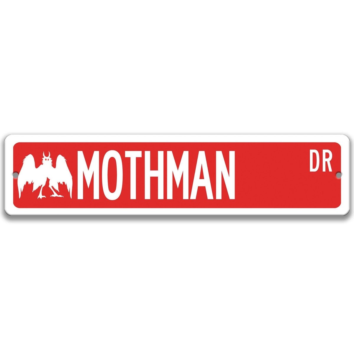 Red Mothman aluminum street name sign with white lettering, alternate layout