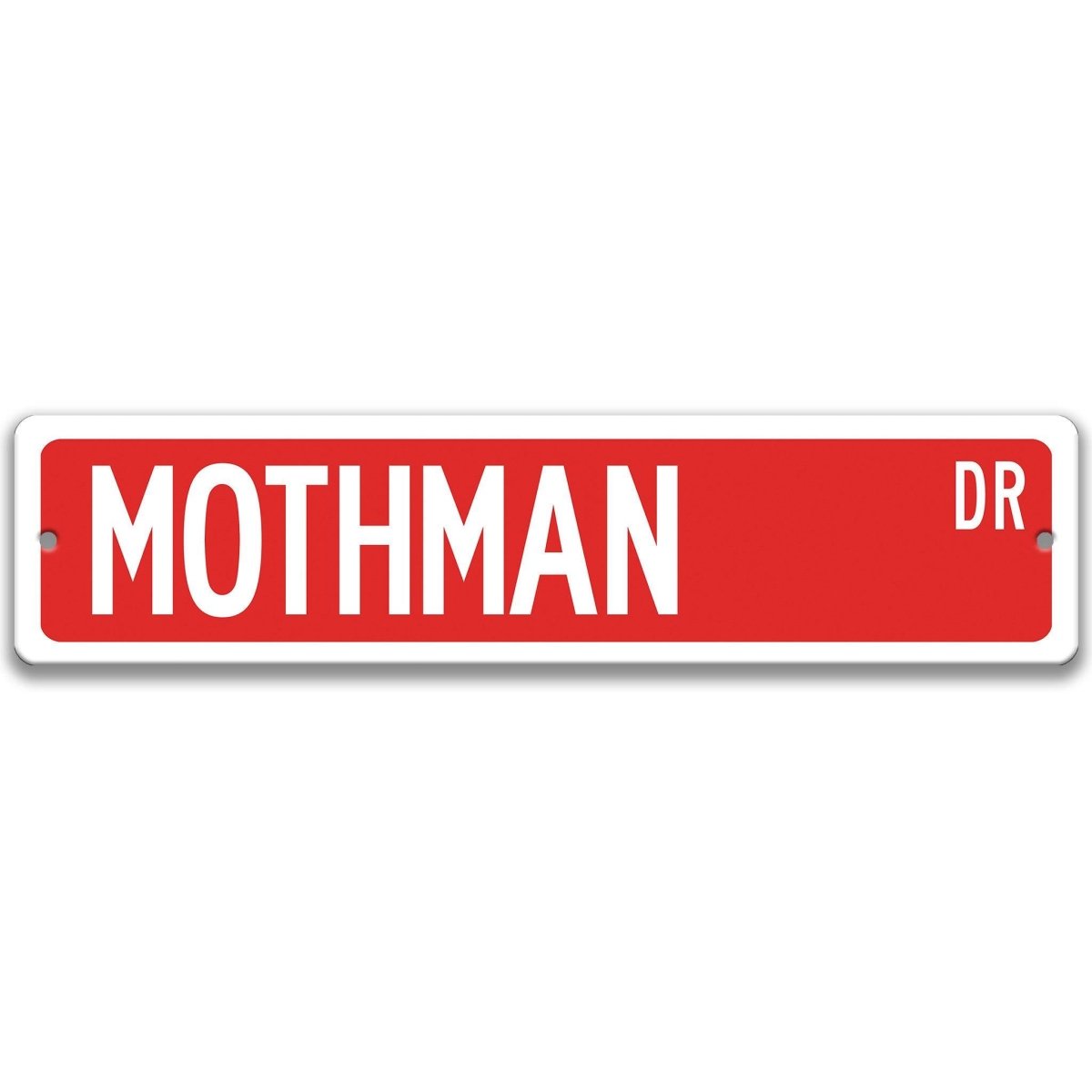 Red Mothman aluminum street name sign with white lettering