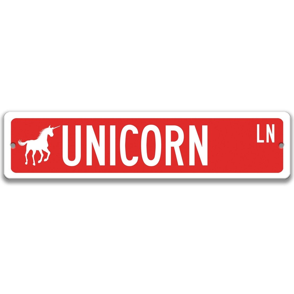 Red Unicorn aluminum street name sign with white lettering