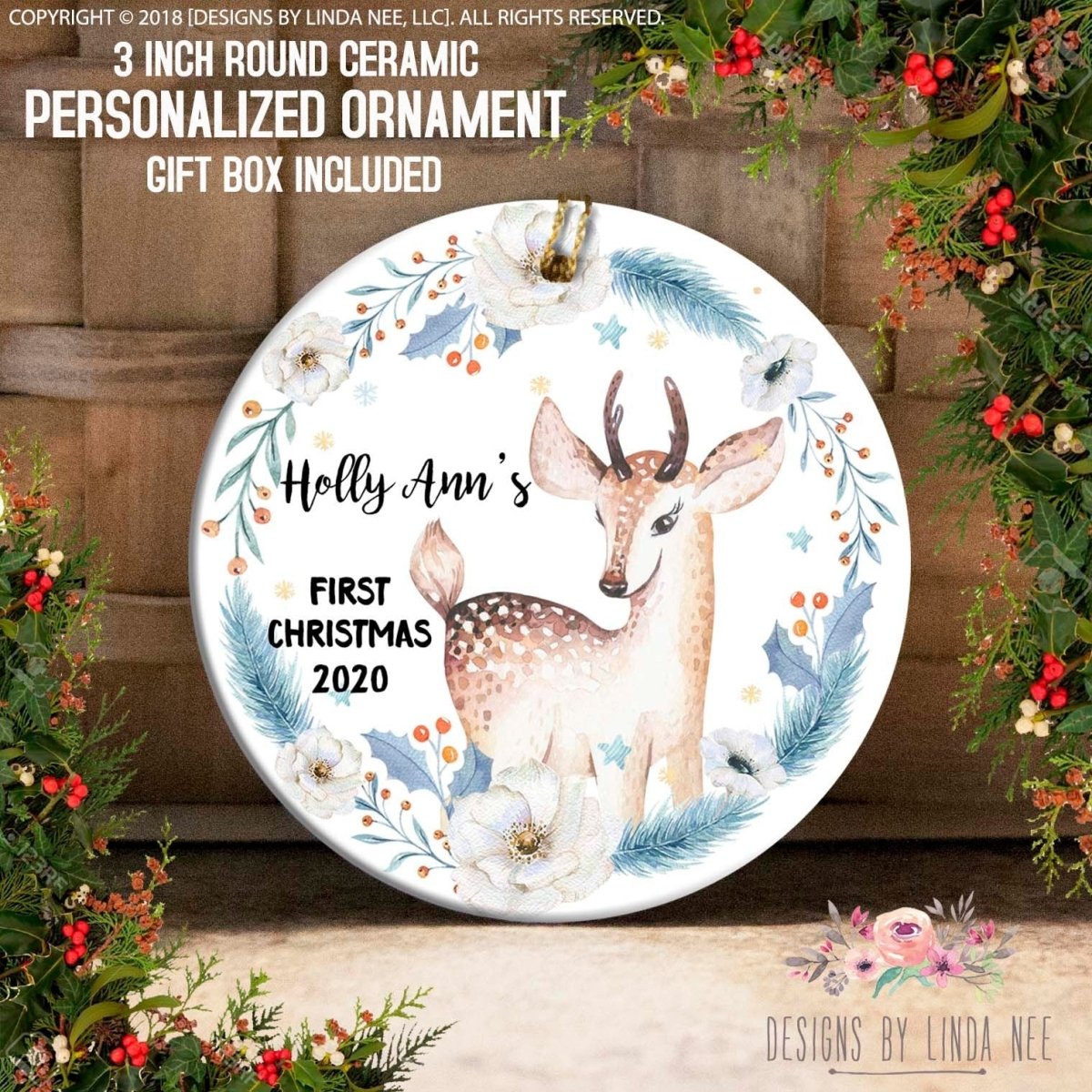 a ceramic ornament with a deer and floral decorations, including white flowers and berries. The ornament is personalized and appears to be a gift box, as indicated by the text "3 INCH ROUND CERamic PERSONALIZED ORNAMENT GIFT BOX INCLUDED".