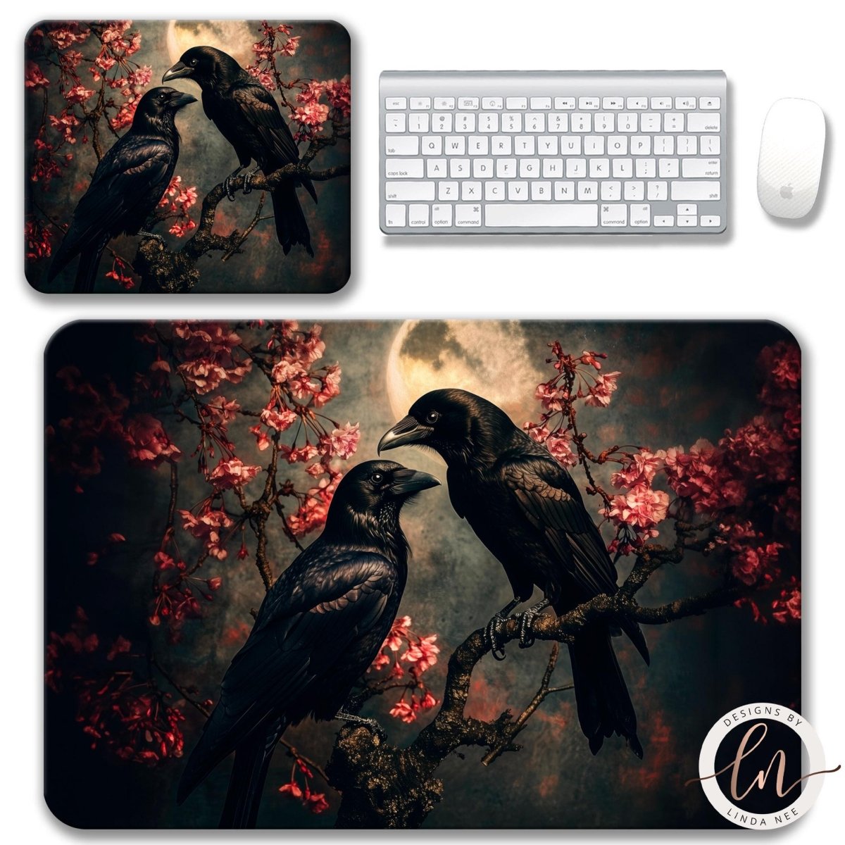 a pair of black birds perched on a branch with pink flowers, set against a dark, moody background with a full moon.
