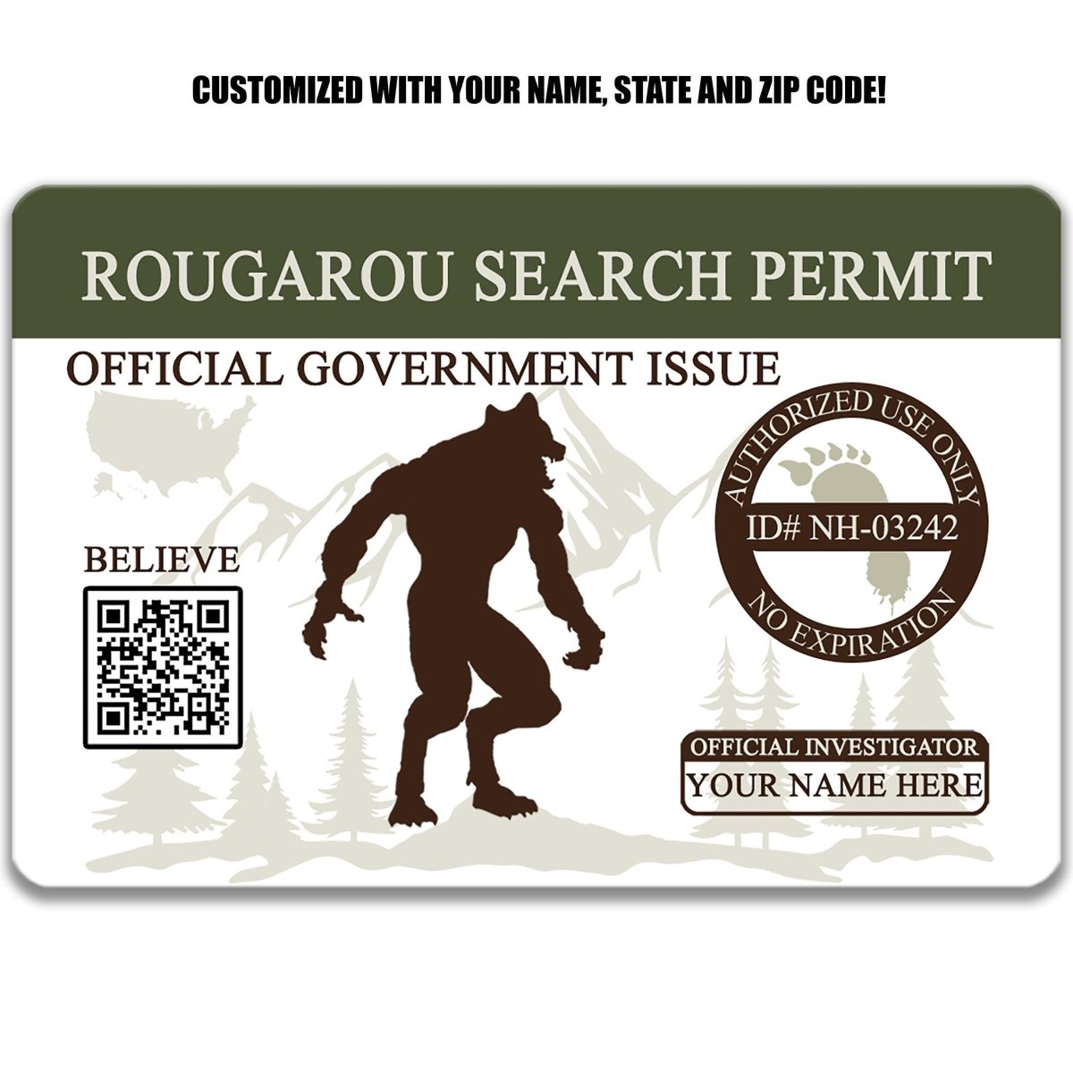 The image is a customized search permit featuring a werewolf silhouette and a QR code.