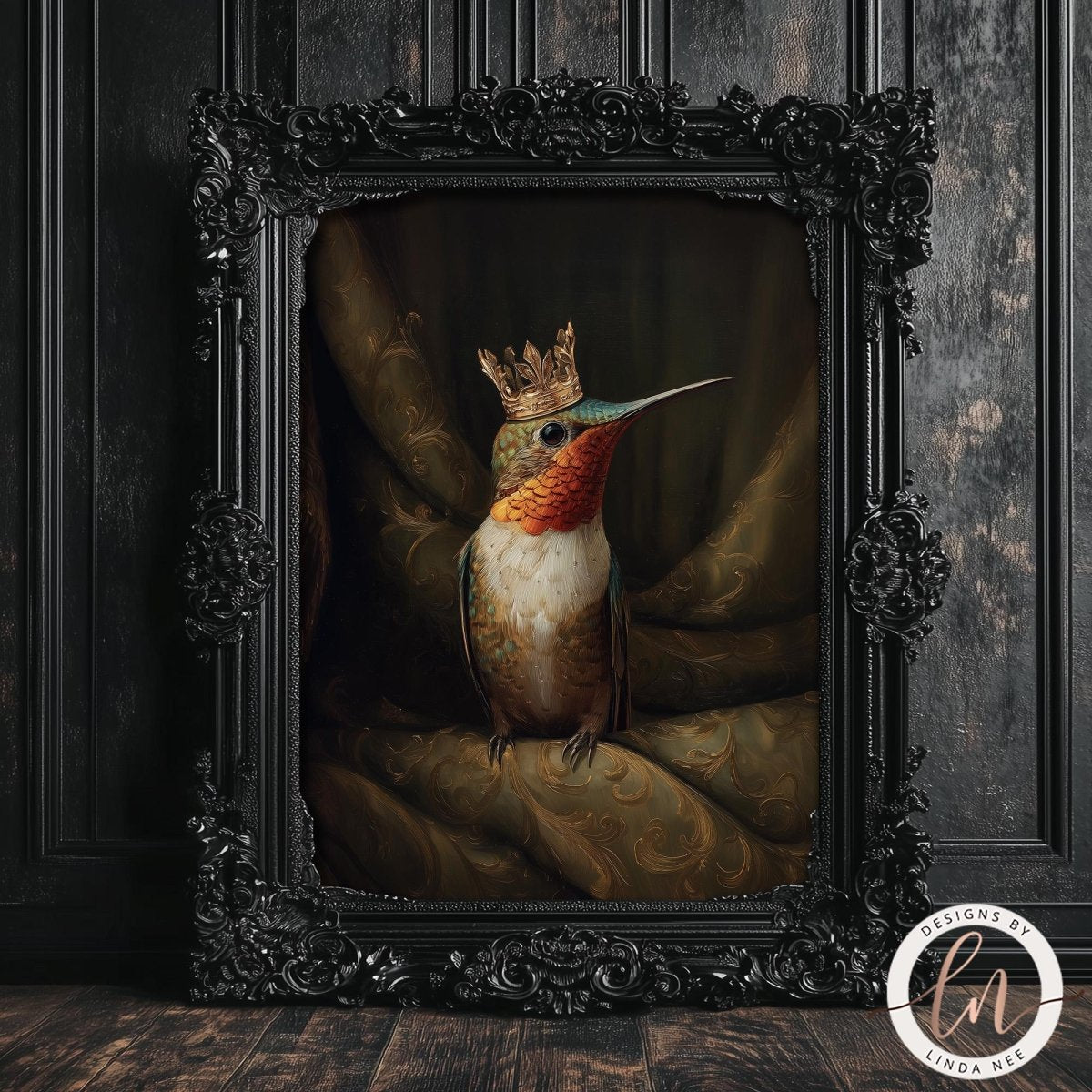 A framed painting of a colorful hummingbird wearing a golden crown, set against a dark background.