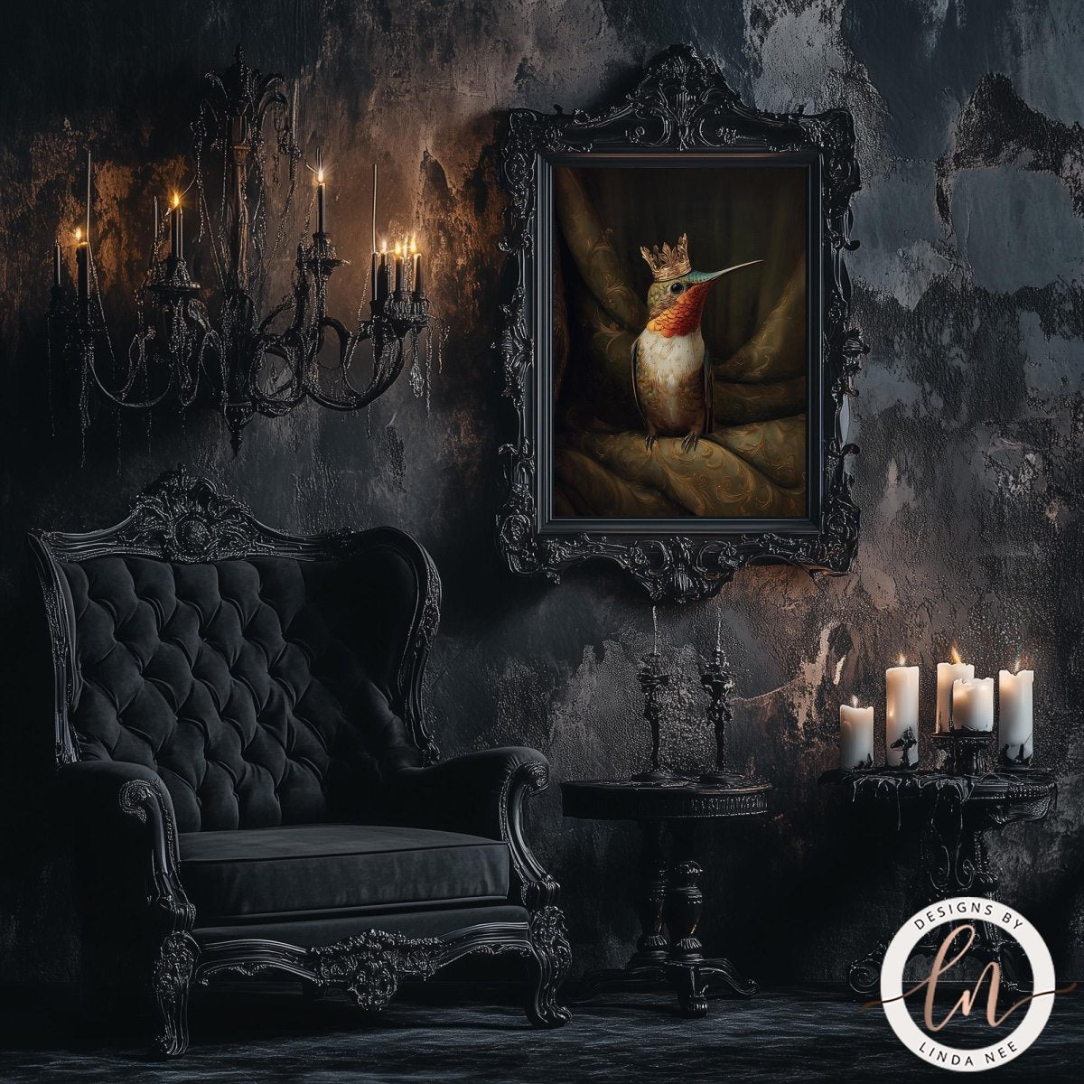 a luxurious and ornate interior with a black tufted chair, a large ornate mirror, and a painting of a bird with a long beak. The room has a dark and moody atmosphere, with candles and chandeliers adding to the ambiance.