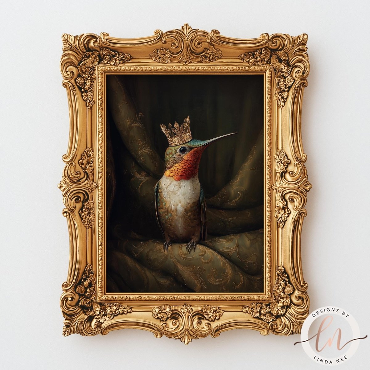 A framed painting of a colorful hummingbird wearing a crown, set against a dark background.