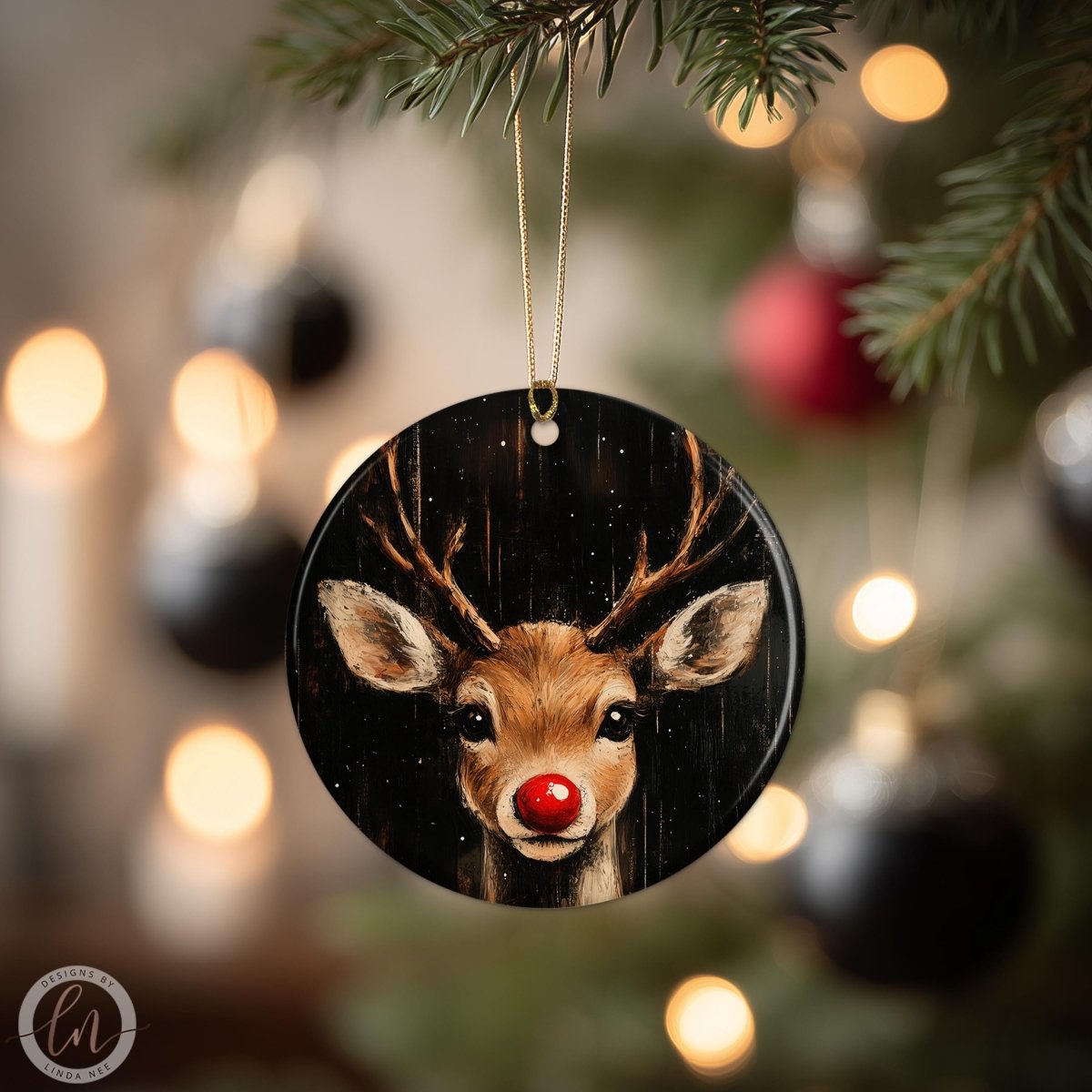 Round ceramic ornament featuring a realistic Rudolph reindeer with a glowing red nose hanging on a Christmas tree, surrounded by blurred warm holiday lights and ornaments