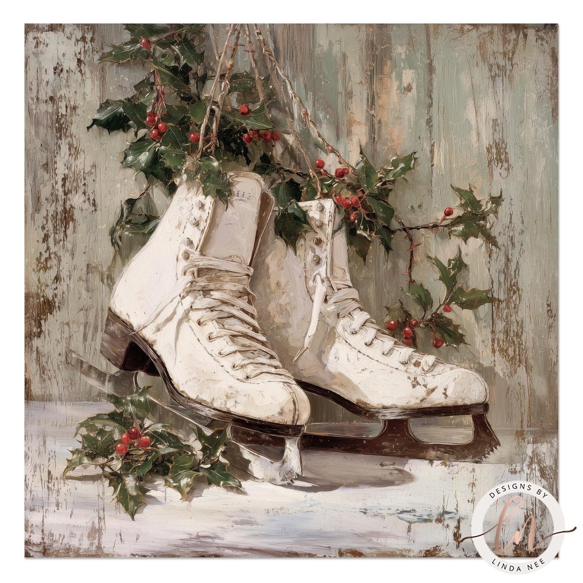 A pair of white ice skates with red berries and holly leaves hanging from them, set against a weathered wooden wall.
