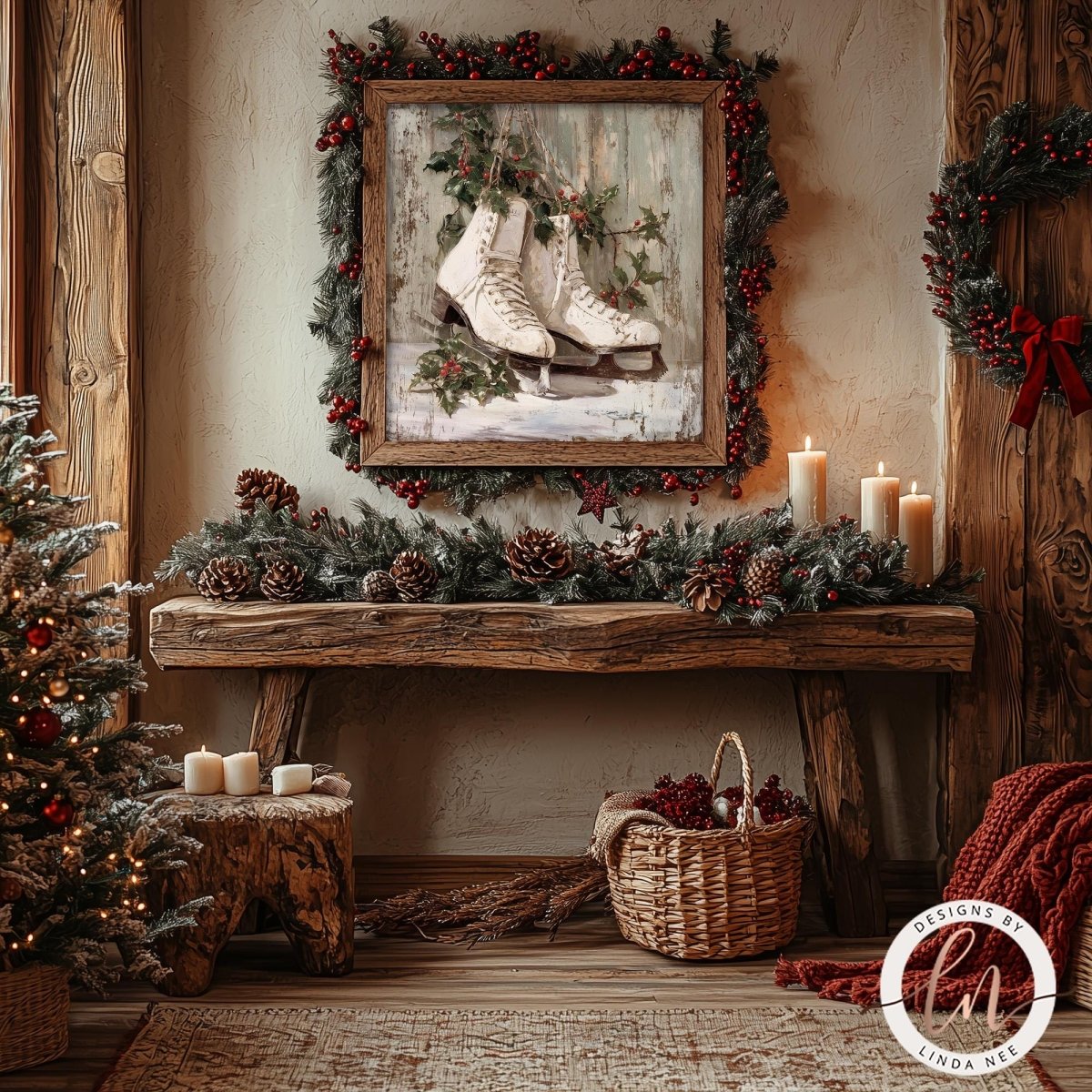 a cozy and festive Christmas scene, featuring a wooden bench adorned with pine cones and berries, a wreath, a framed painting of ice skates, and a lit candle.