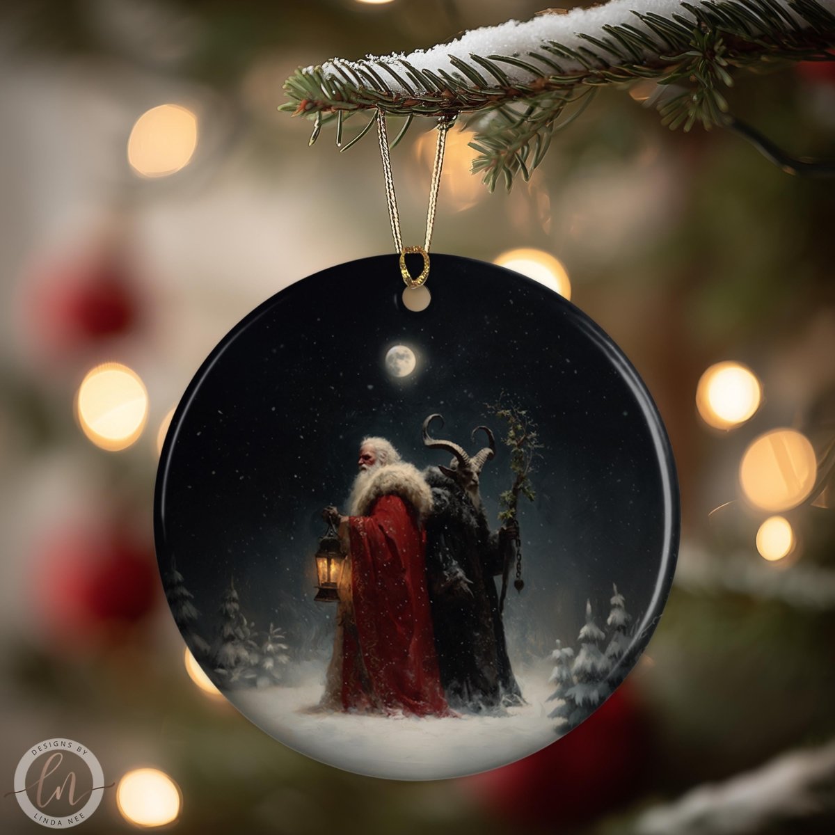 A Christmas ornament depicting a scene with Santa Claus, a black figure, and a white moon in the night sky.