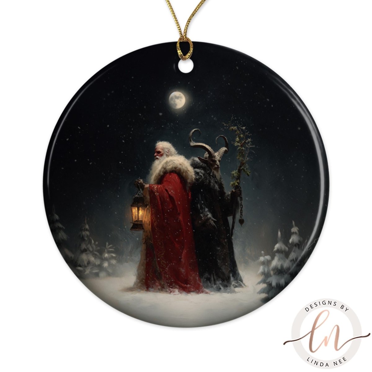 Santa Claus and a devil standing in a snowy forest under a full moon, with a lantern in Santa's hand.