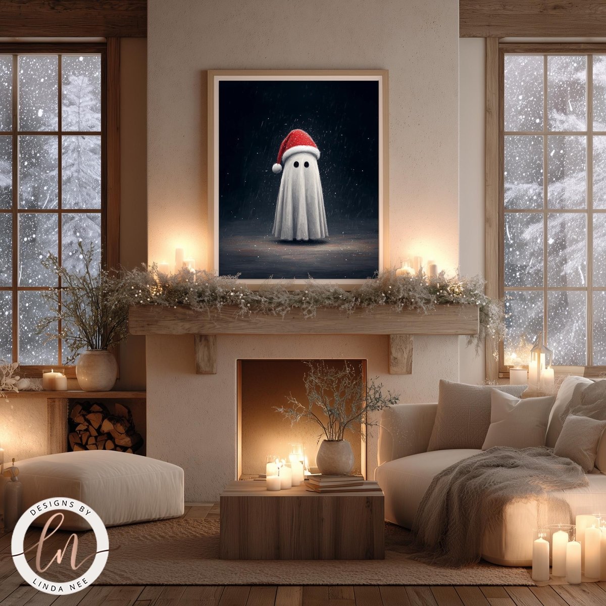 a cozy living room with a fireplace, a large framed picture of a ghost wearing a Santa hat, and a comfortable couch. The room is decorated with candles, greenery, and a warm, inviting atmosphere.