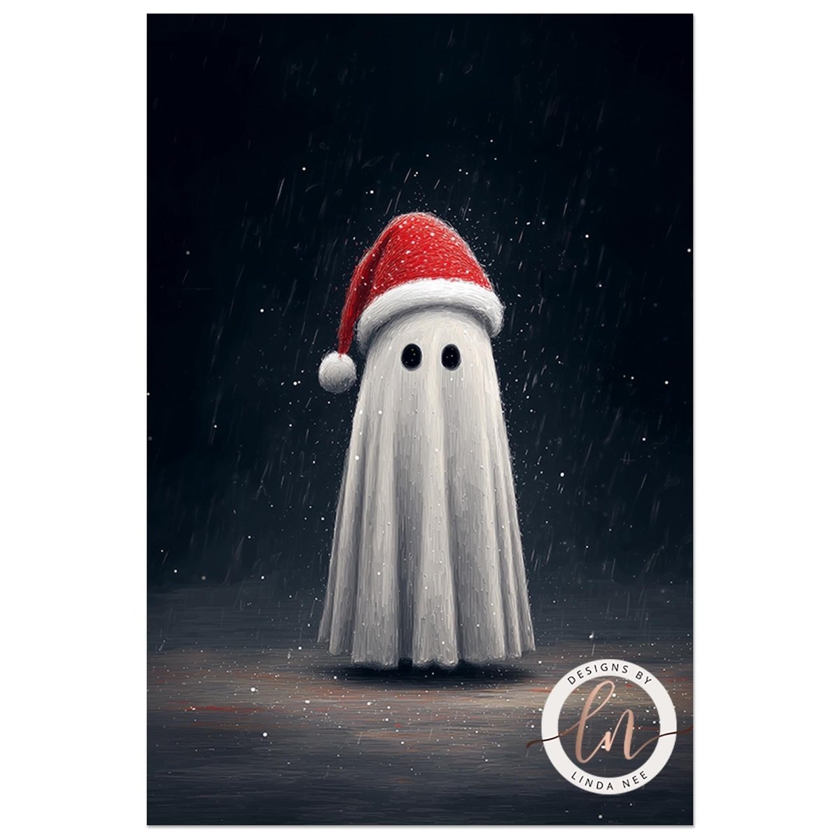 A ghost wearing a Santa hat stands in the center of the image against a dark background with falling snowflakes.