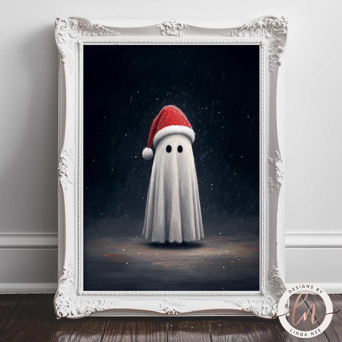 A framed image depicting a ghost wearing a Santa hat, standing on a dark surface with snow falling around it.