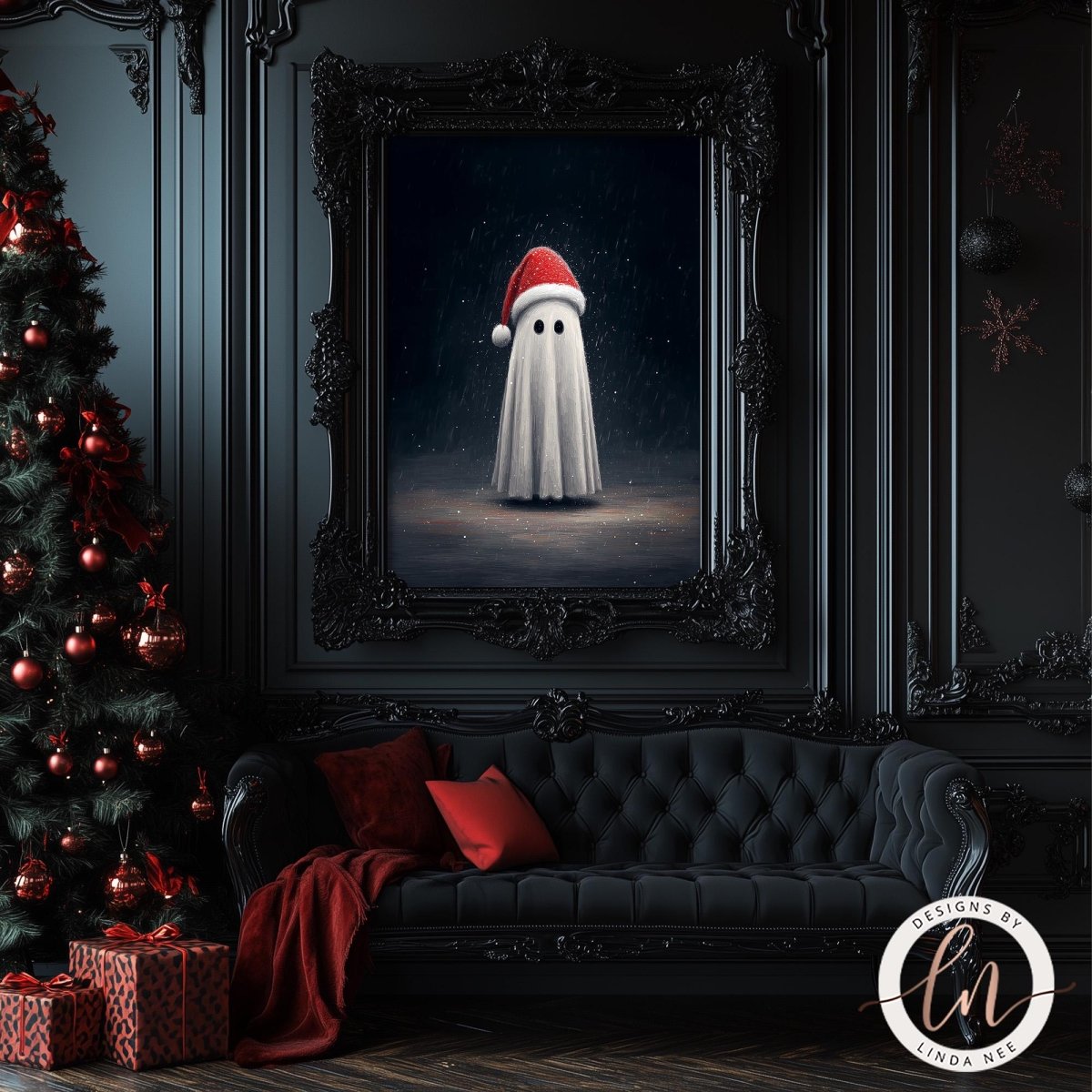a dark, gothic-style room with a large, ornate black frame on the wall, which contains a painting of a ghost wearing a Santa hat. The room also has a Christmas tree, a couch, and some presents, creating a festive atmosphere.