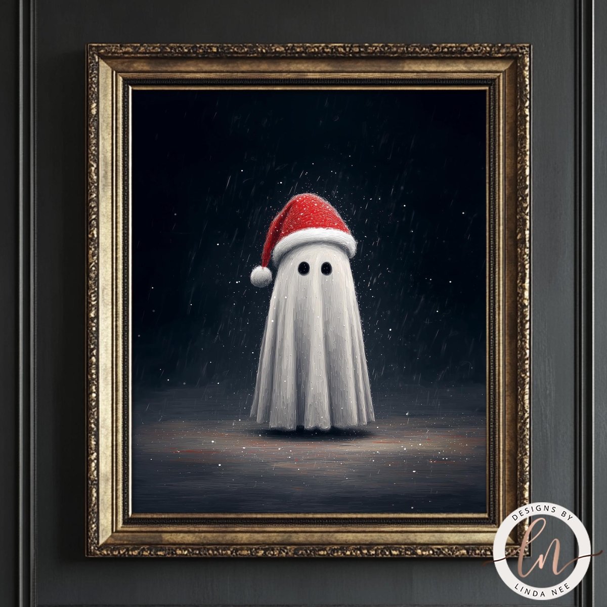 A framed image depicting a ghost wearing a Santa hat, standing in a dark, snowy setting.