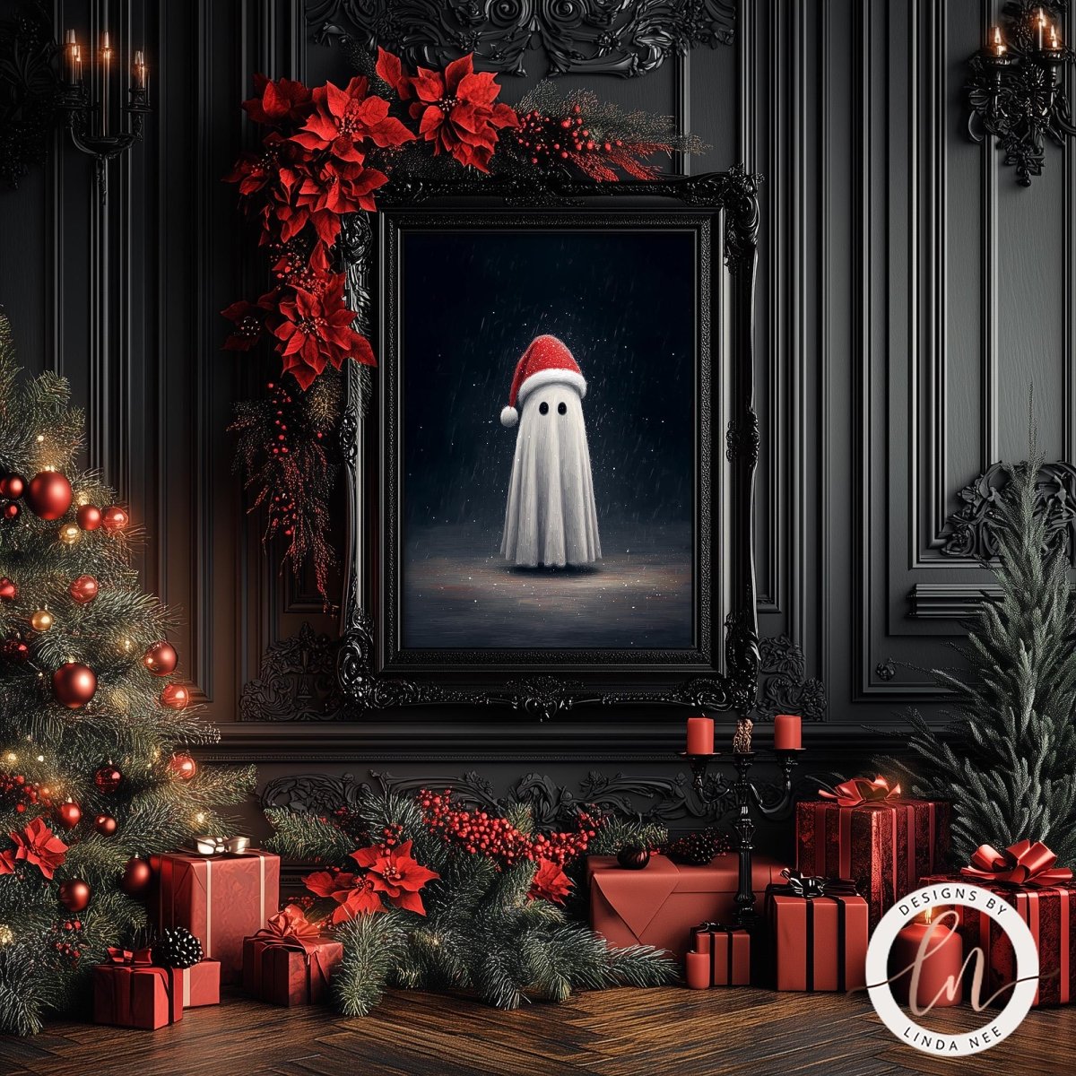 a festive Christmas scene with a framed ghost wearing a Santa hat, surrounded by red poinsettias, a decorated Christmas tree, and wrapped gifts.