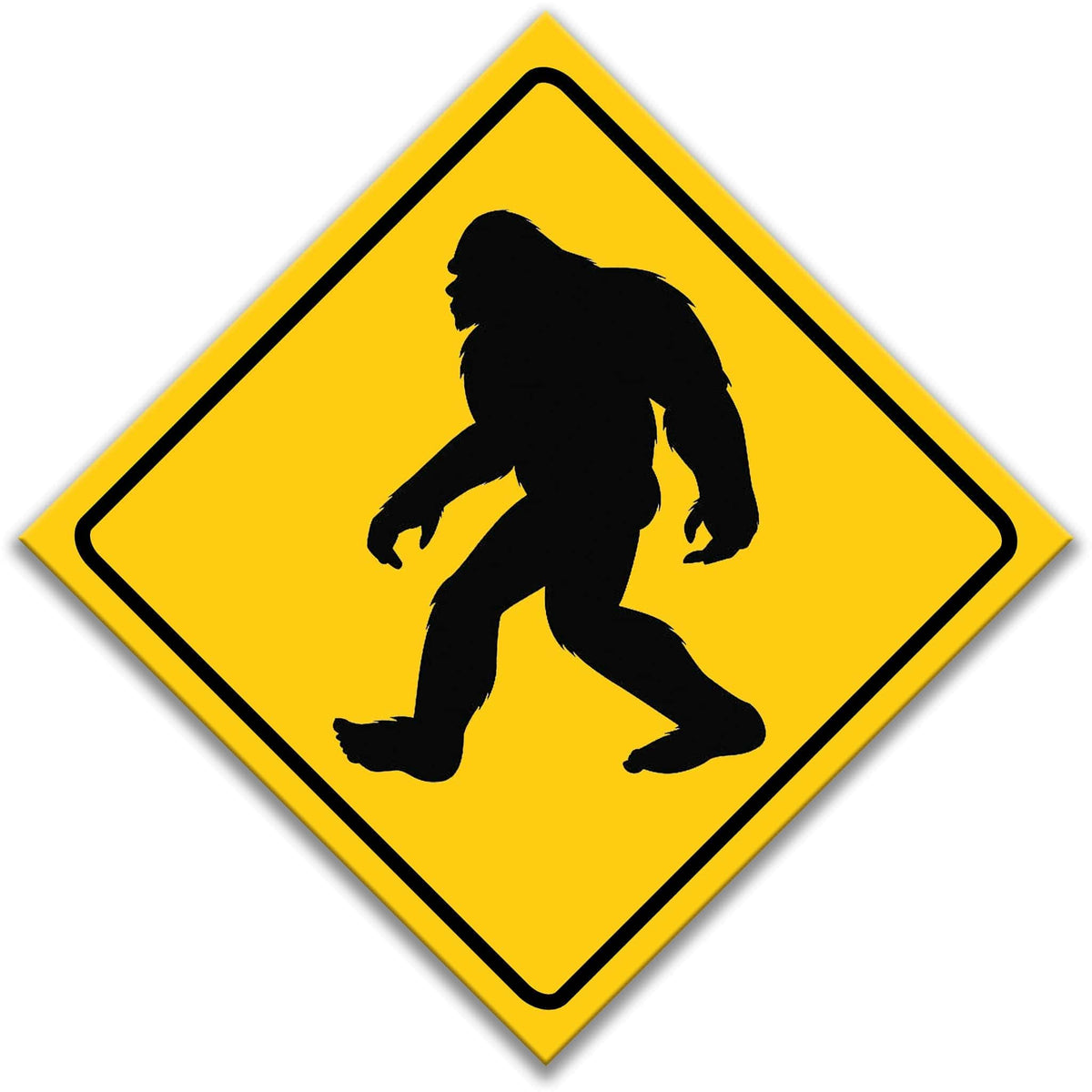 Sasquatch crossing caution sign, yellow diamond road sign with black Sasquatch silhouette, distressed edges, and XING lettering