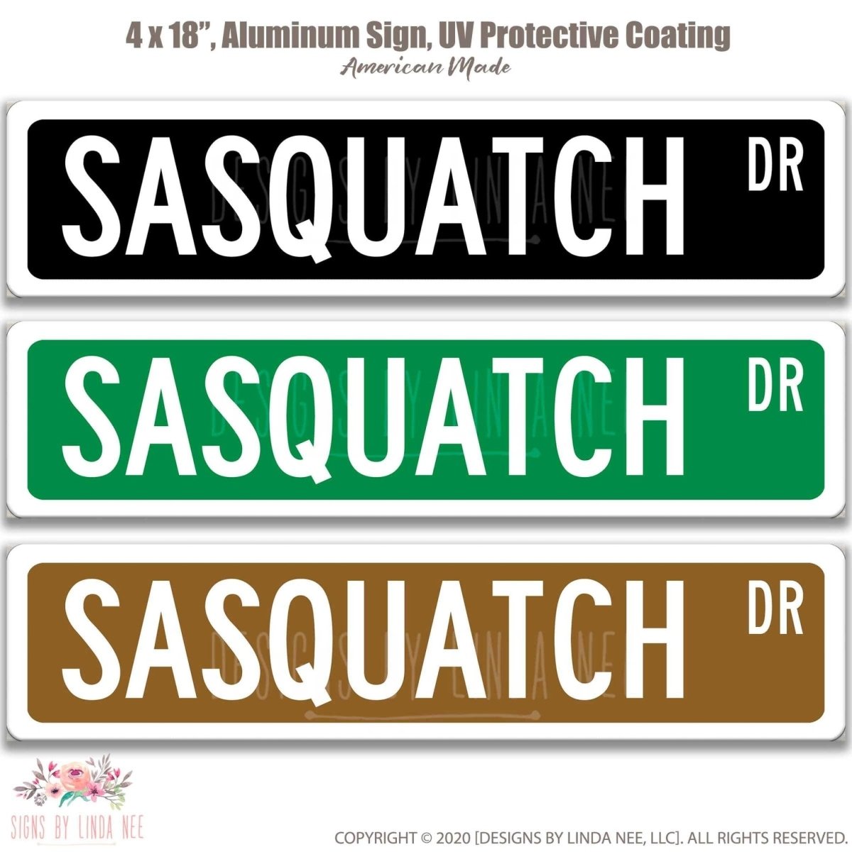 Sasquatch street name sign shown in three aluminum color options