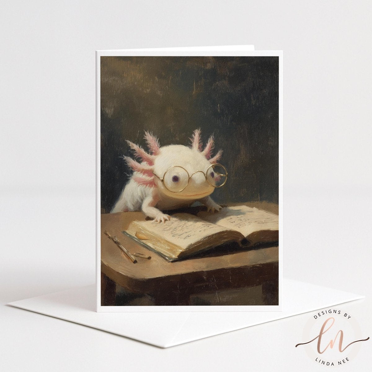 A painting of a white amphibian creature with large eyes and glasses sitting at a desk and reading a book.