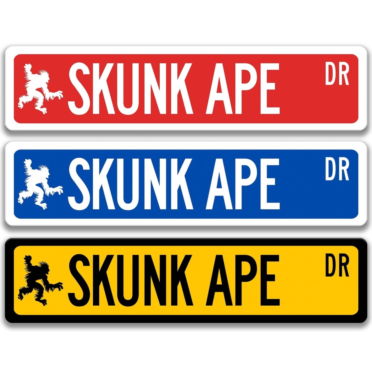 Skunk Ape street name sign shown in three aluminum color options