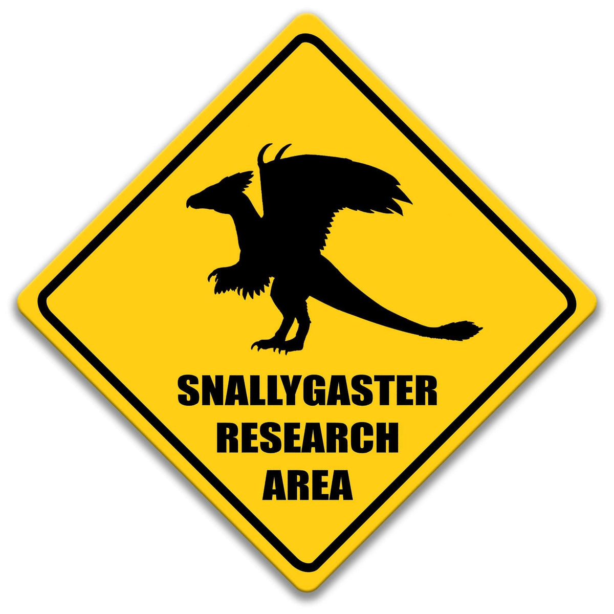 Snallygaster research area caution sign, yellow diamond shape, bold black winged cryptid silhouette