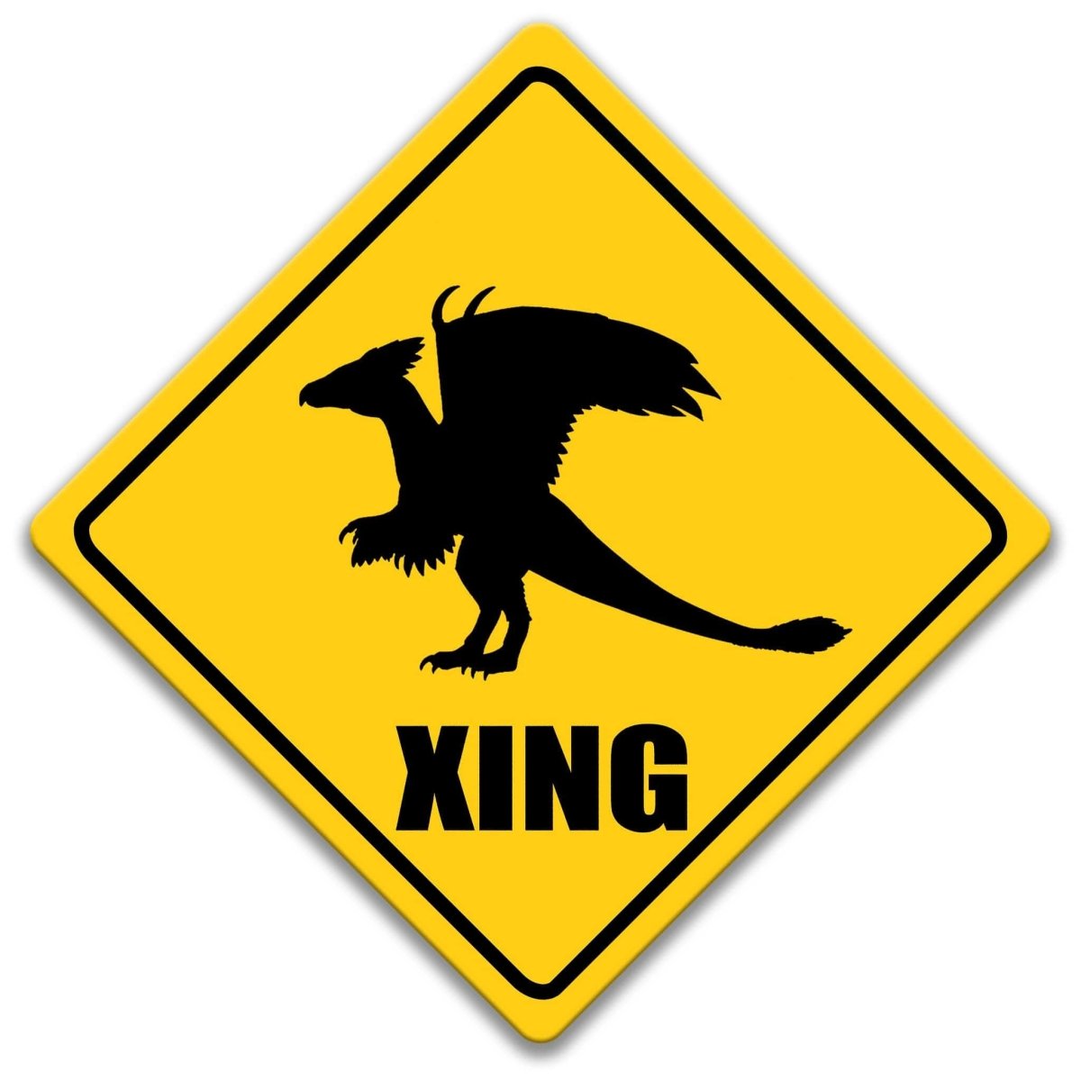 Snallygaster XING crossing sign, yellow diamond shape, bold black winged cryptid silhouette above XING text