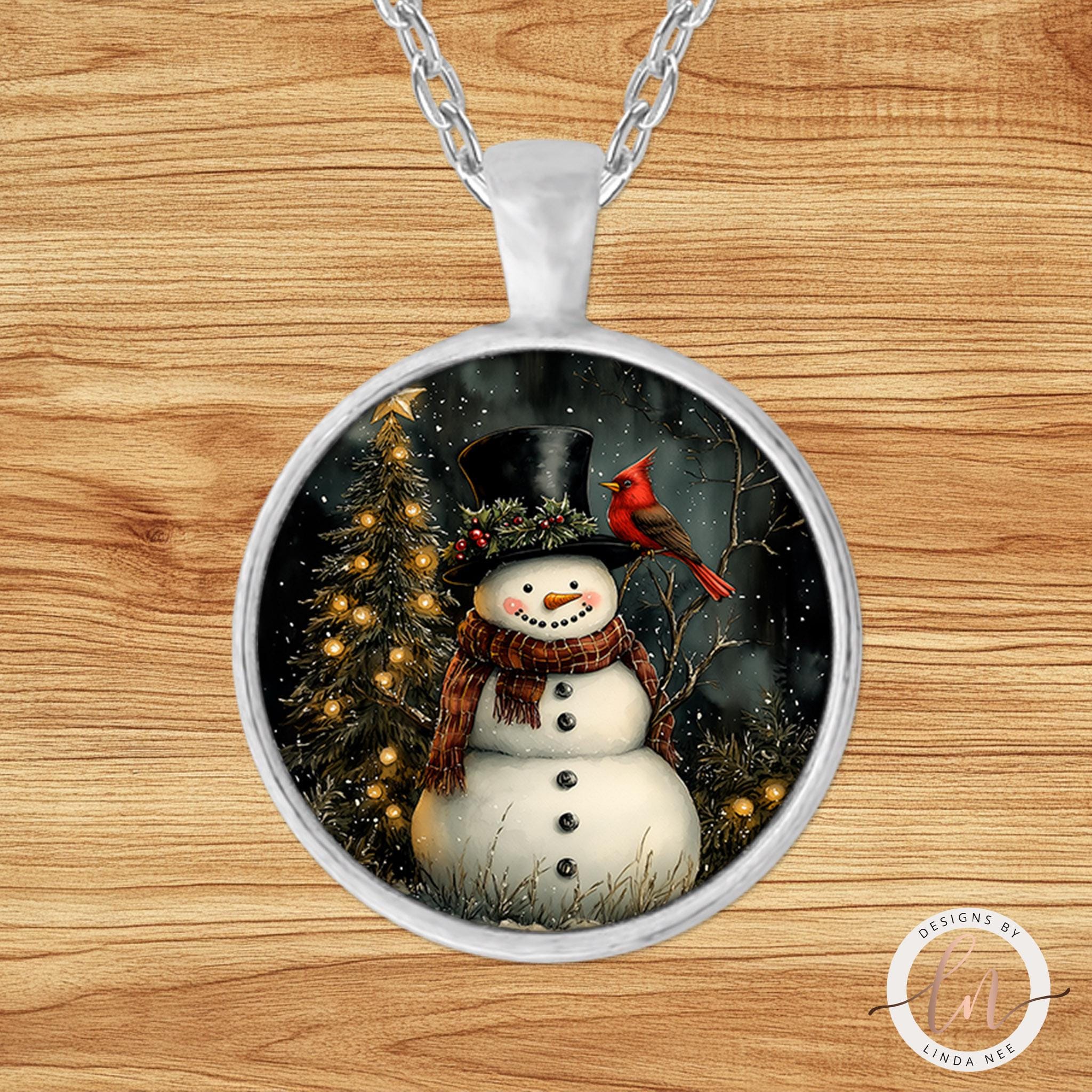 Snowman and Cardinal Pendant - Vintage Christmas Necklacegifts