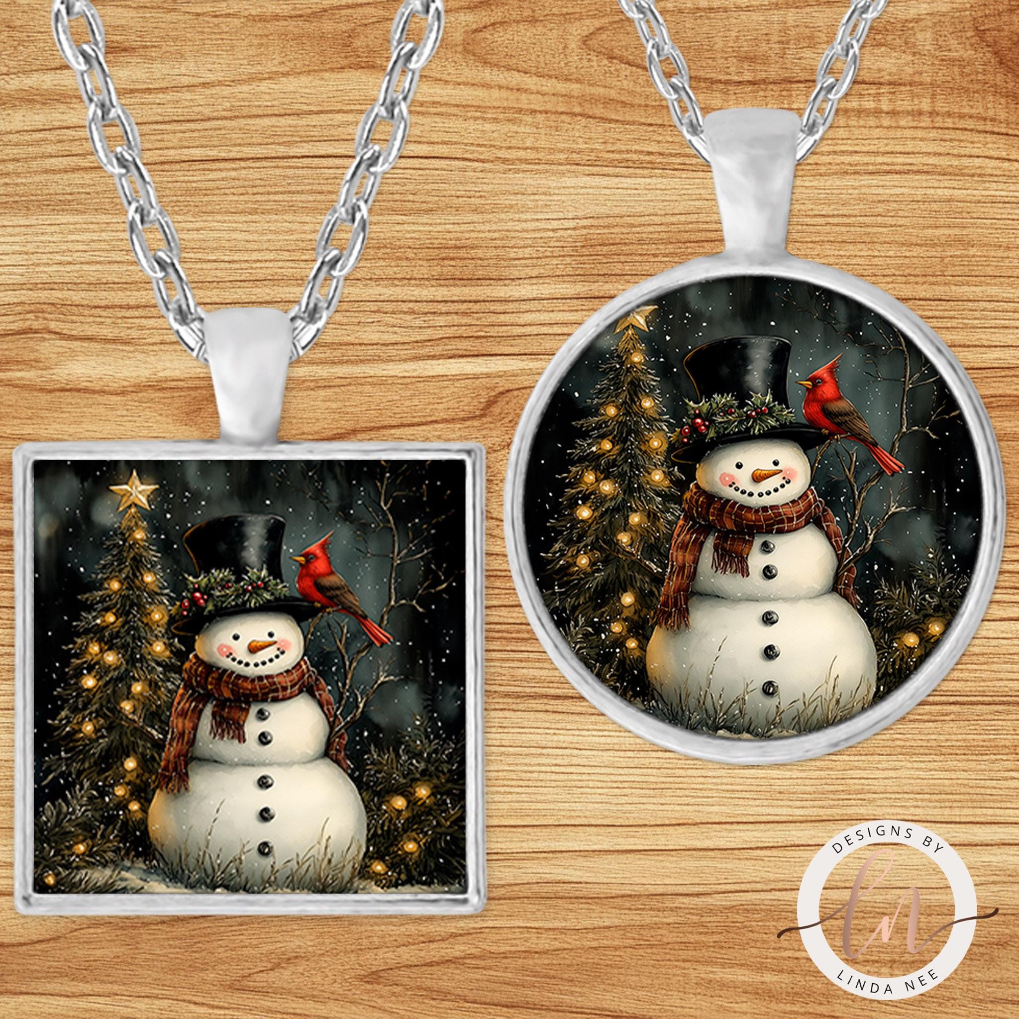 Snowman and Cardinal Pendant - Vintage Christmas Necklacegifts