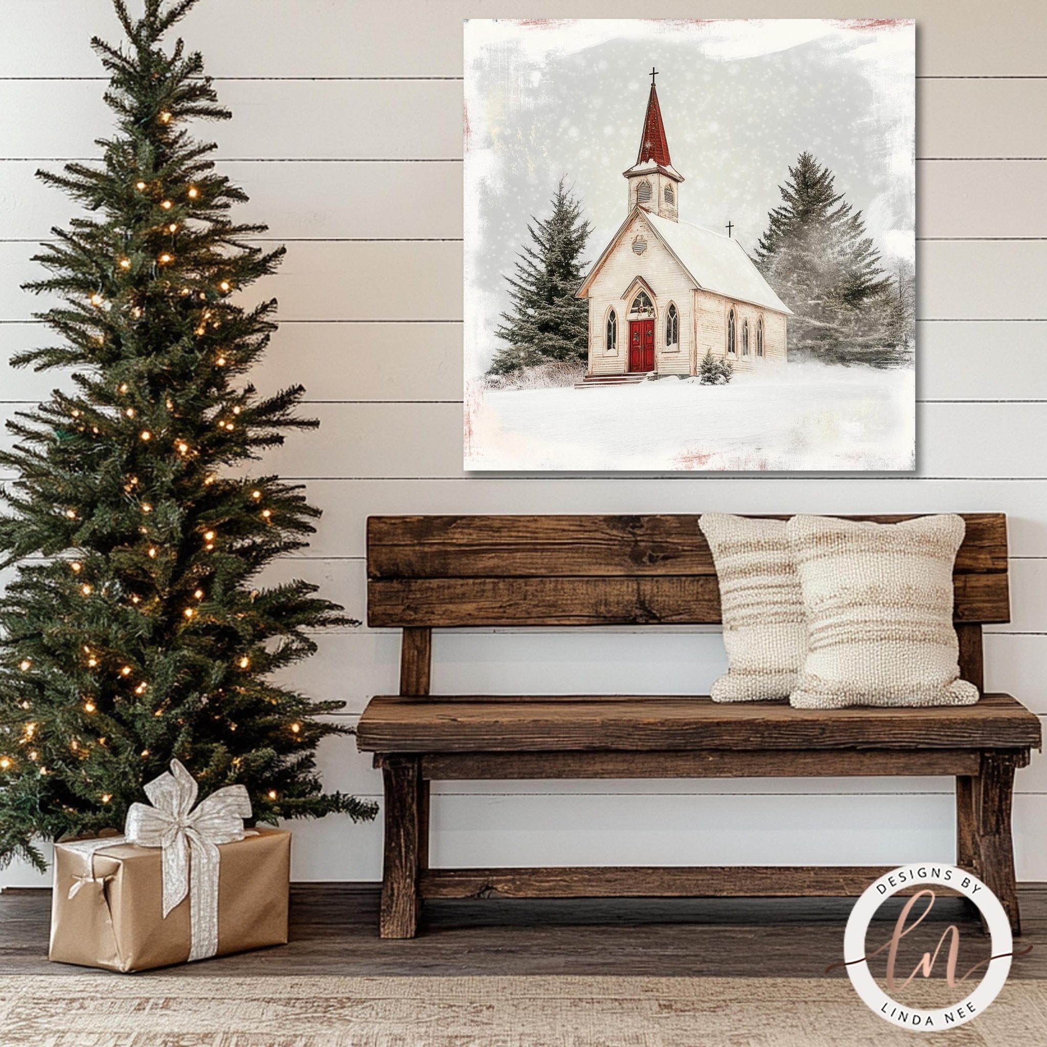 Snowy Church Winter Scene Metal Wall Art - Farmhouse Decor