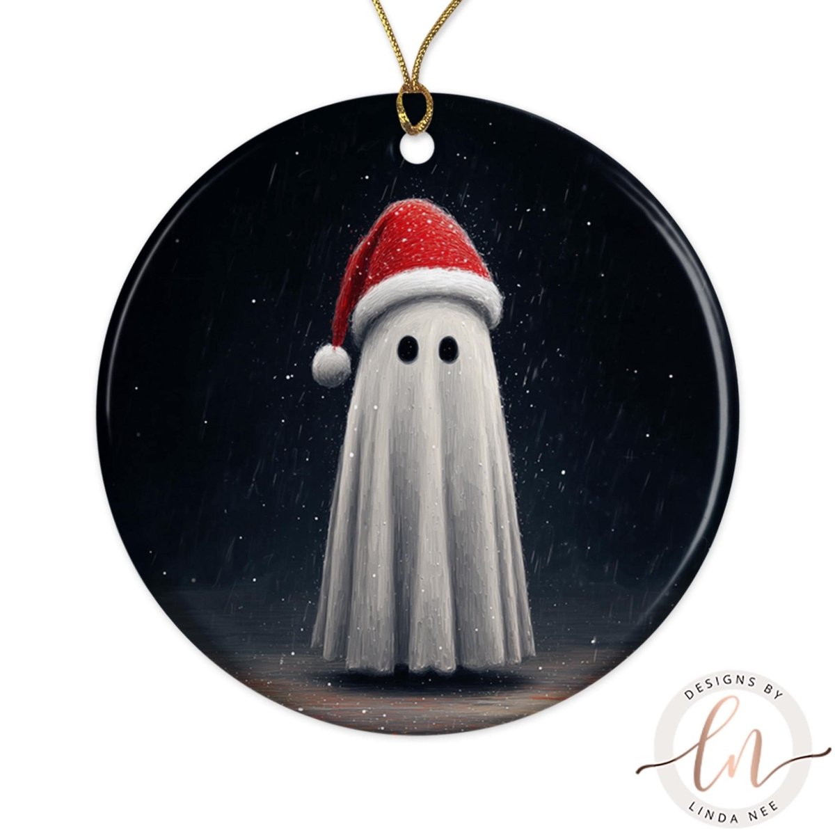 A ghost wearing a Santa hat is standing in the center of the image against a dark background with falling snowflakes.