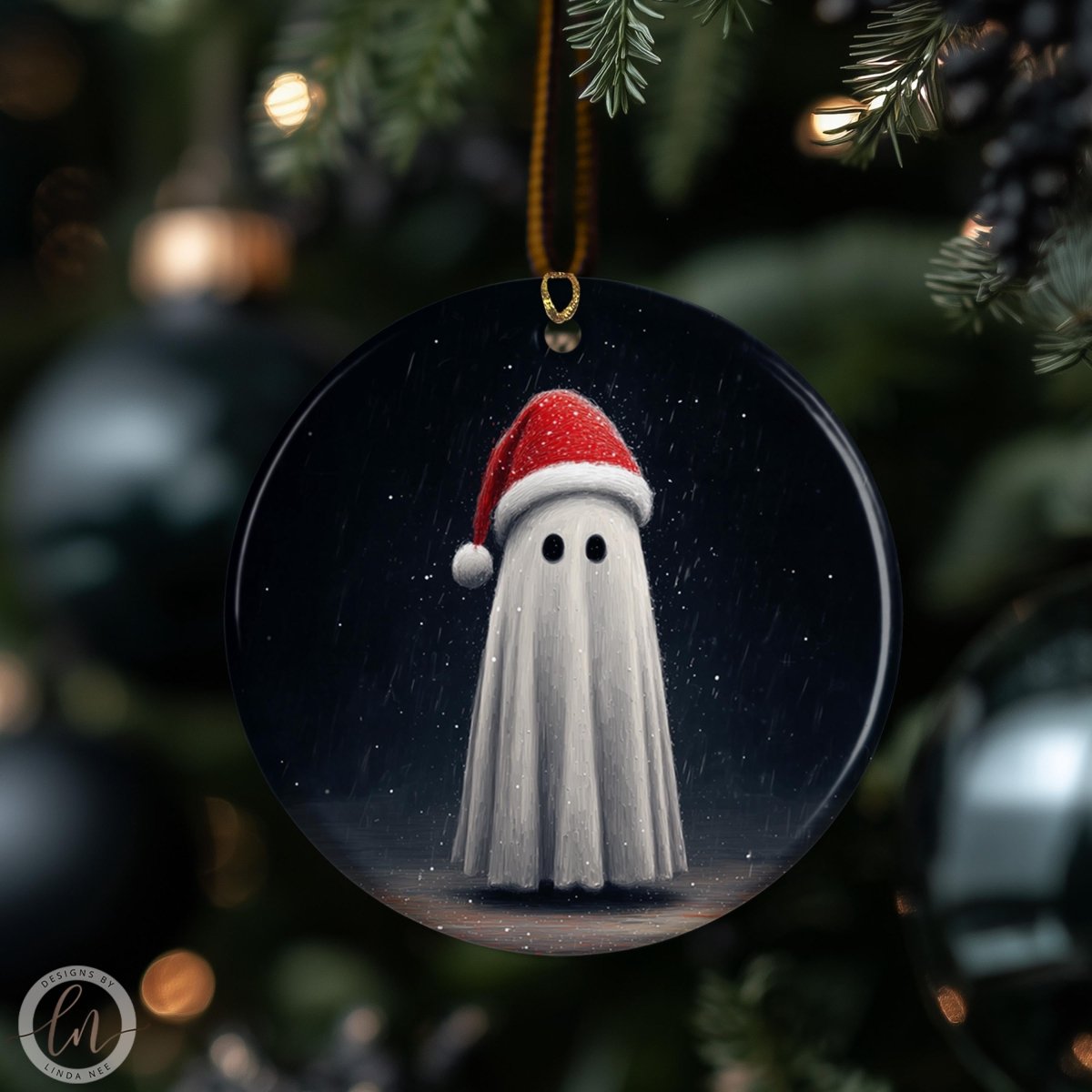 A ghost wearing a Santa hat is hanging from a Christmas tree ornament.