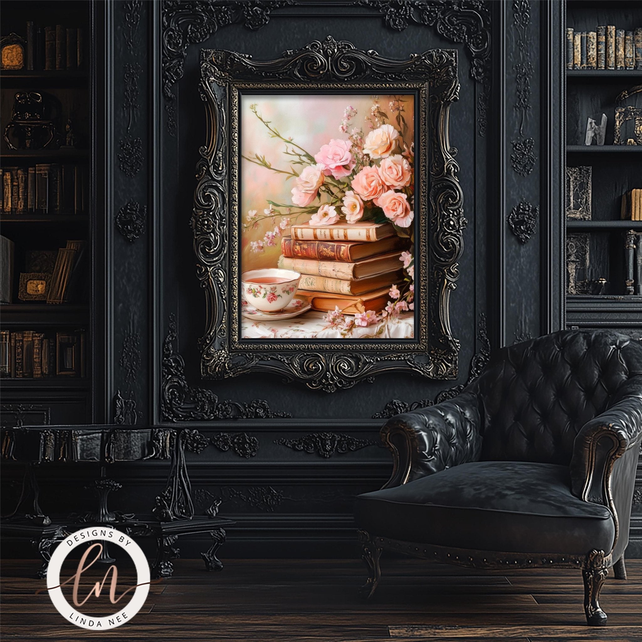 Floral Stack of Books Wall Art – Literary Decor Print