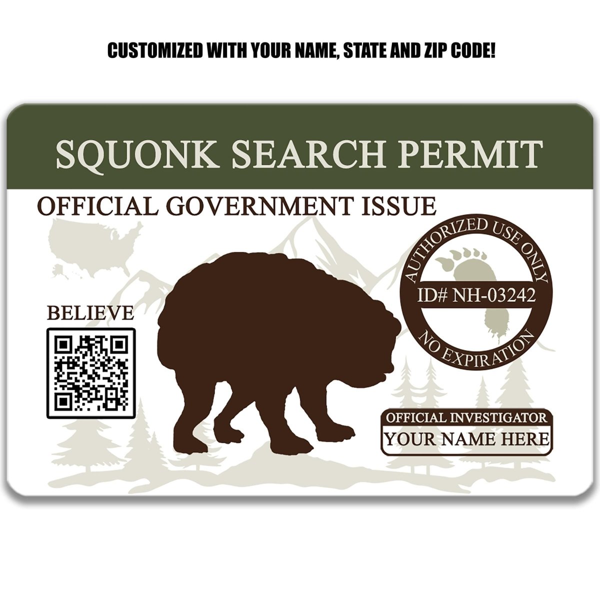 The image is a custom-made search permit for a bear, featuring a silhouette of a bear and a QR code.