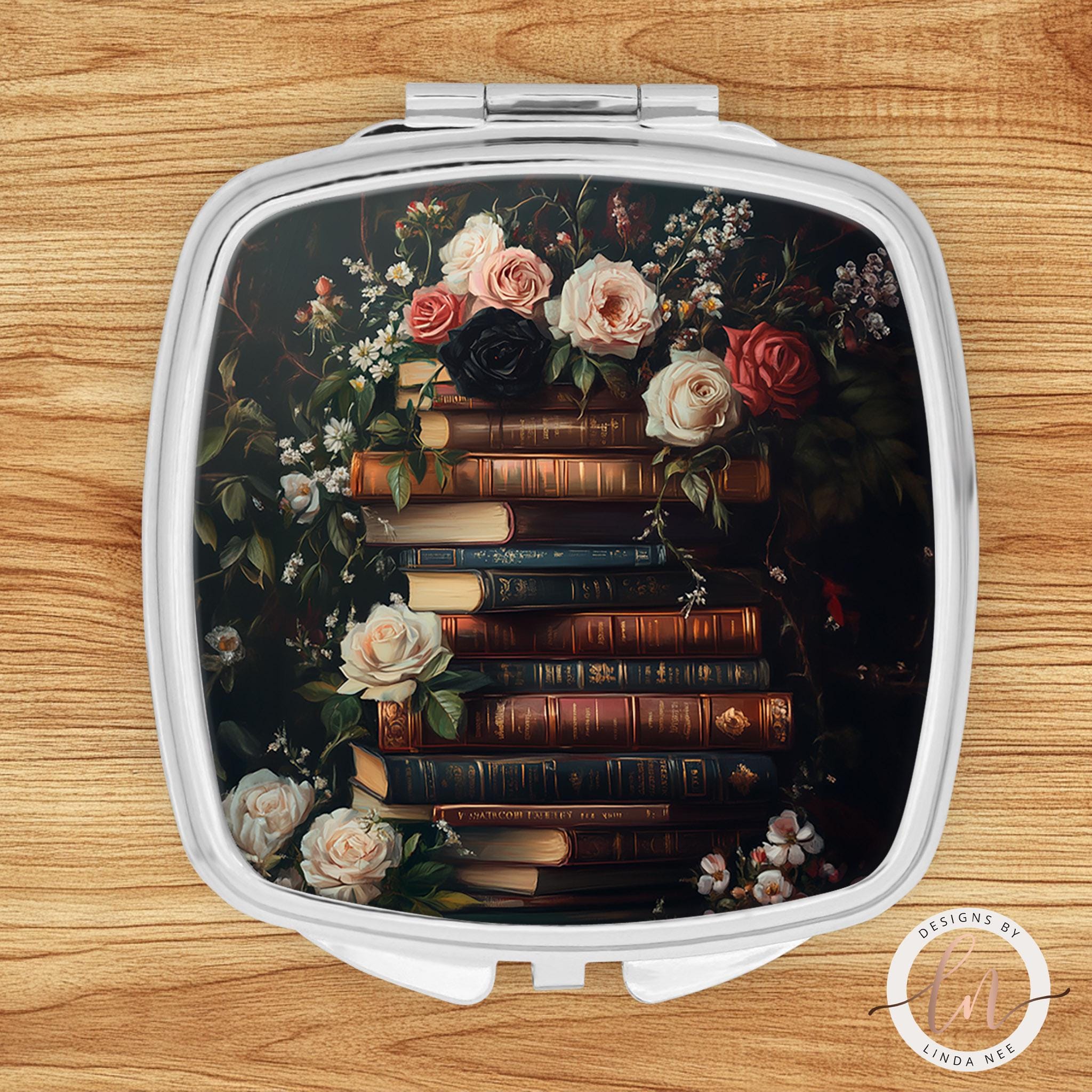 Stack of Books Pocket Mirror - Floral Literary Gift for Her