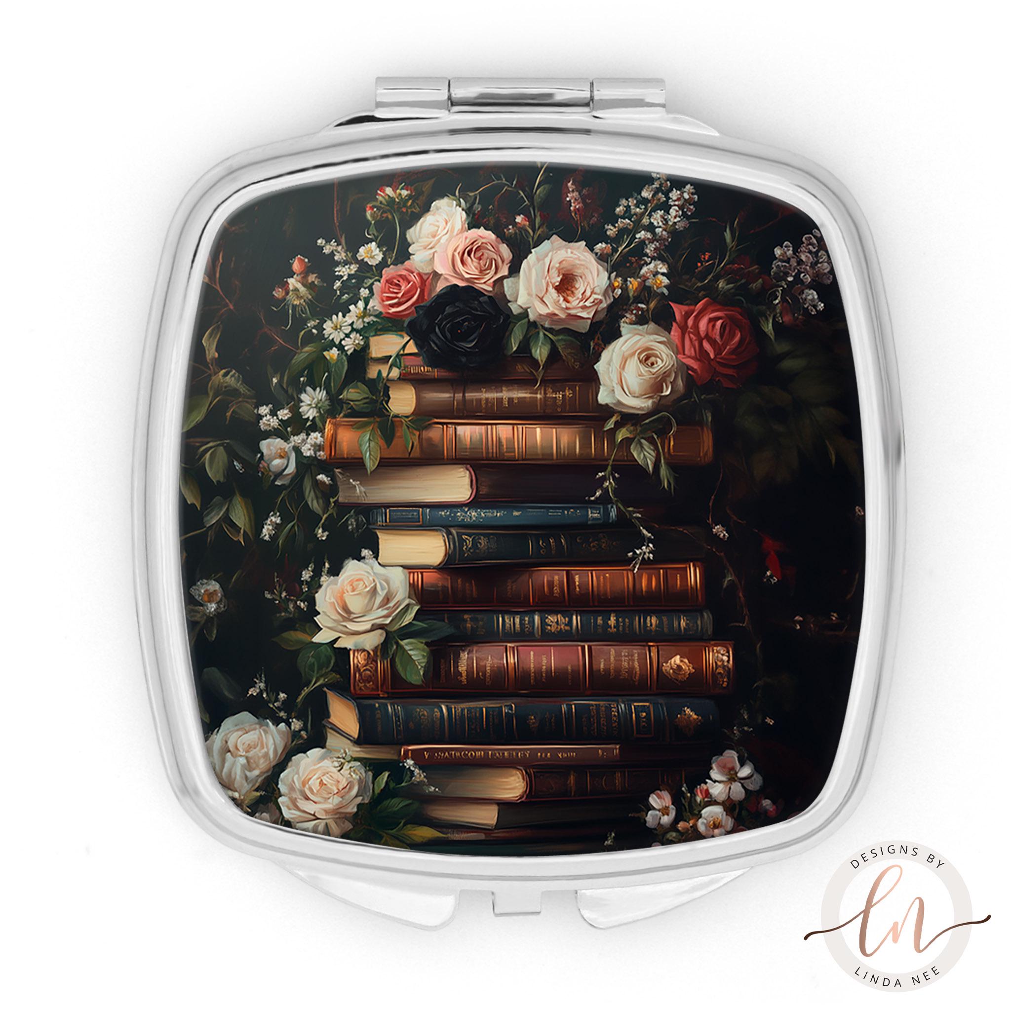 Stack of Books Pocket Mirror - Floral Literary Gift for Her