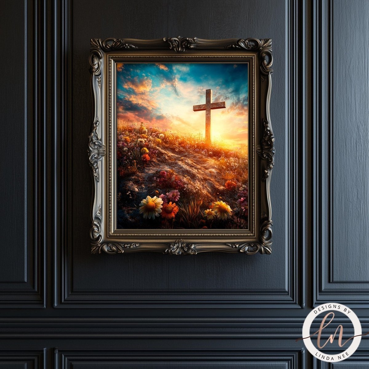 a large, ornate, gilded frame containing a painting of a cross set against a vibrant, colorful landscape with flowers and a sunset sky.