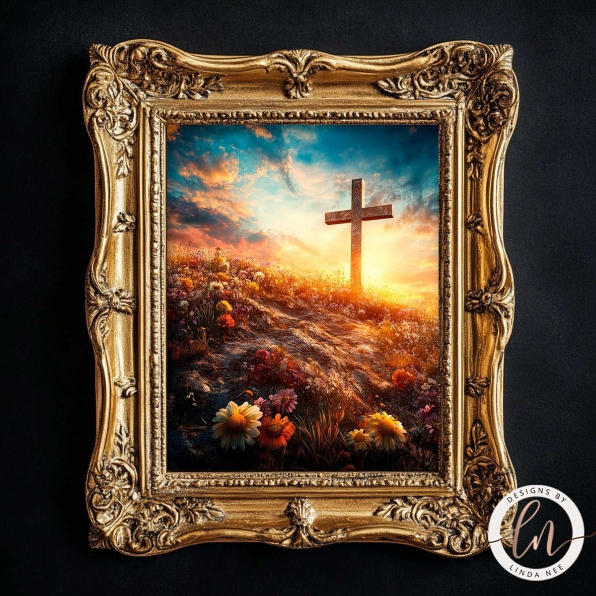 a large, ornate gold frame containing a vibrant, colorful painting of a cross set against a backdrop of a field of flowers and a sunset sky.