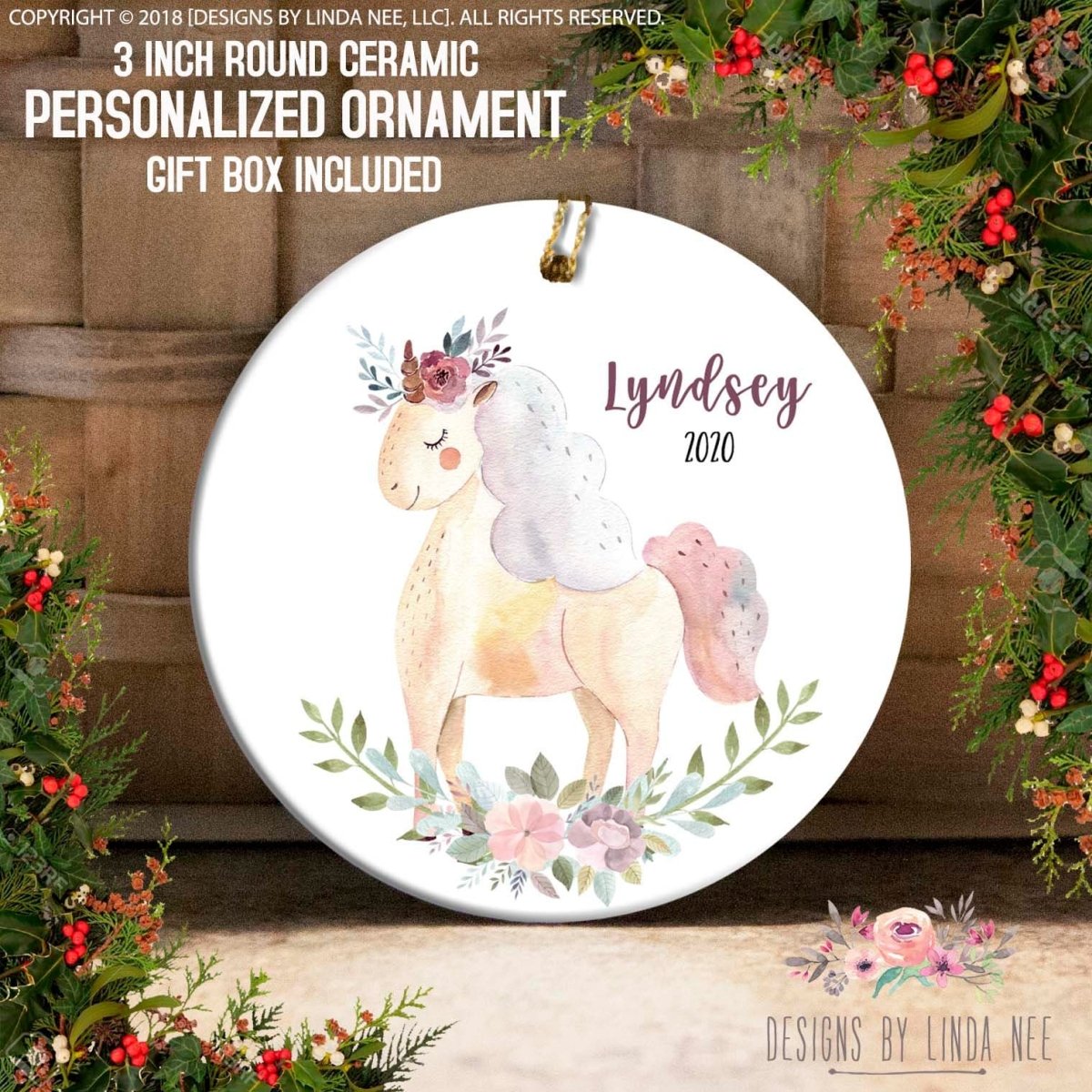 a ceramic ornament with a whimsical design of a unicorn surrounded by flowers and leaves. The ornament is personalized and includes a gift box, making it a unique and thoughtful gift option.