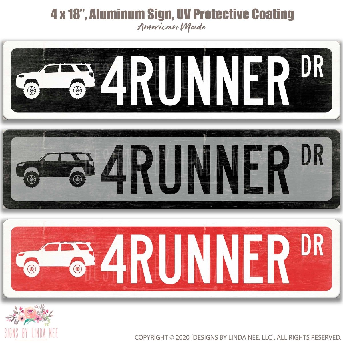 three different street signs for the street named "4 Runner Dr", each with a different color and design.