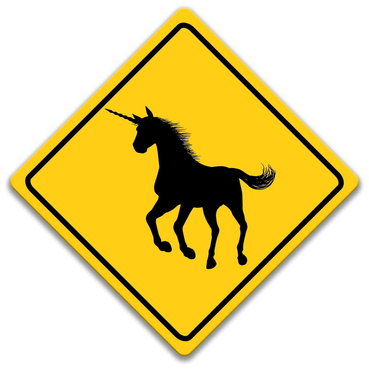 A yellow diamond-shaped road sign with a black silhouette of a unicorn.