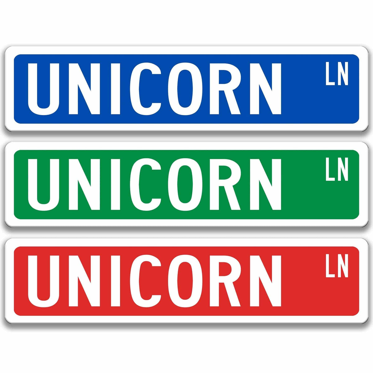 Unicorn metal street sign shown in blue, green, and red aluminum color options