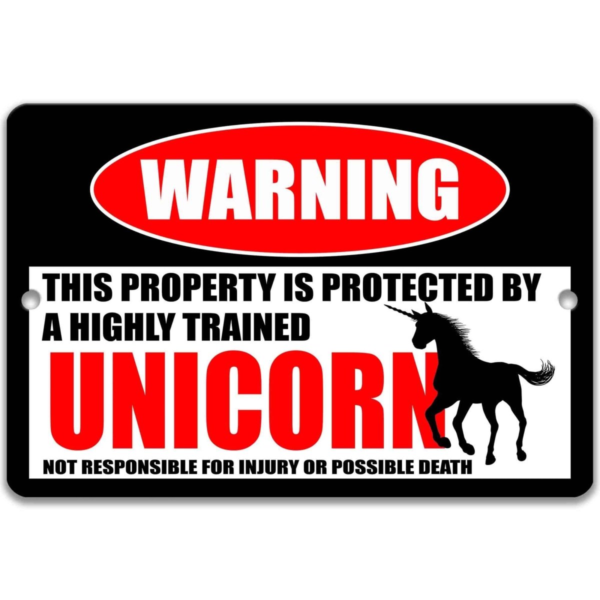 Unicorn warning metal sign, glossy black, red WARNING oval and rearing unicorn silhouette