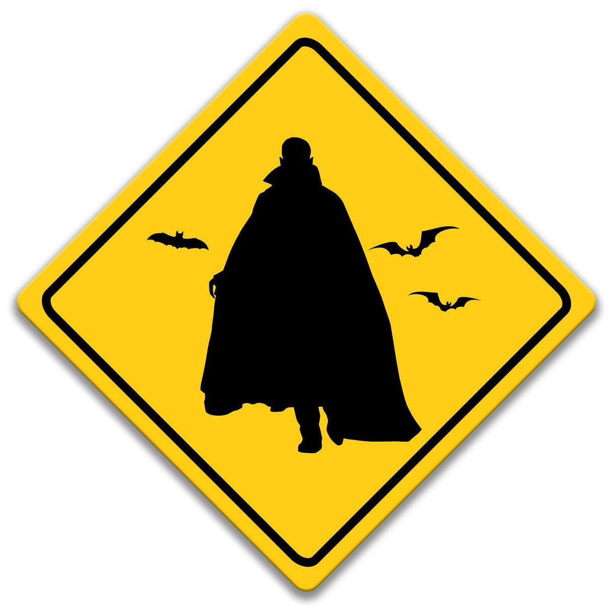 Vampire crossing caution sign, yellow diamond shape, caped vampire silhouette with flying bats