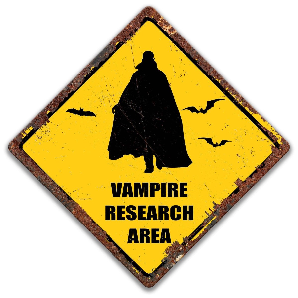 Vampire research area caution sign, yellow diamond shape, alternate caped vampire silhouette with bats