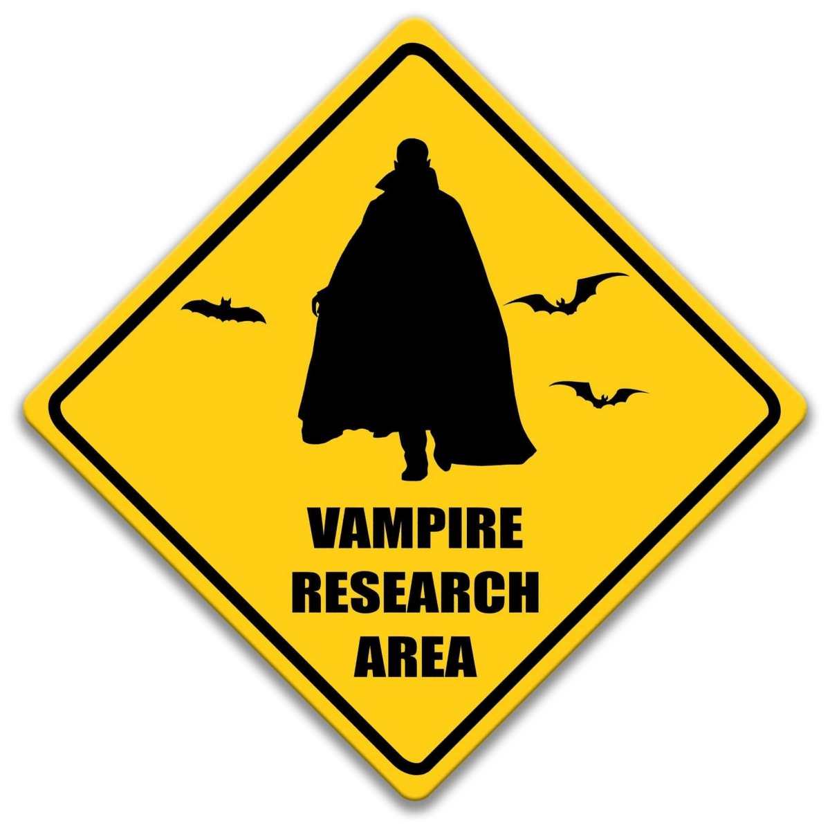 Vampire research area caution sign, yellow diamond shape, caped vampire silhouette with flying bats