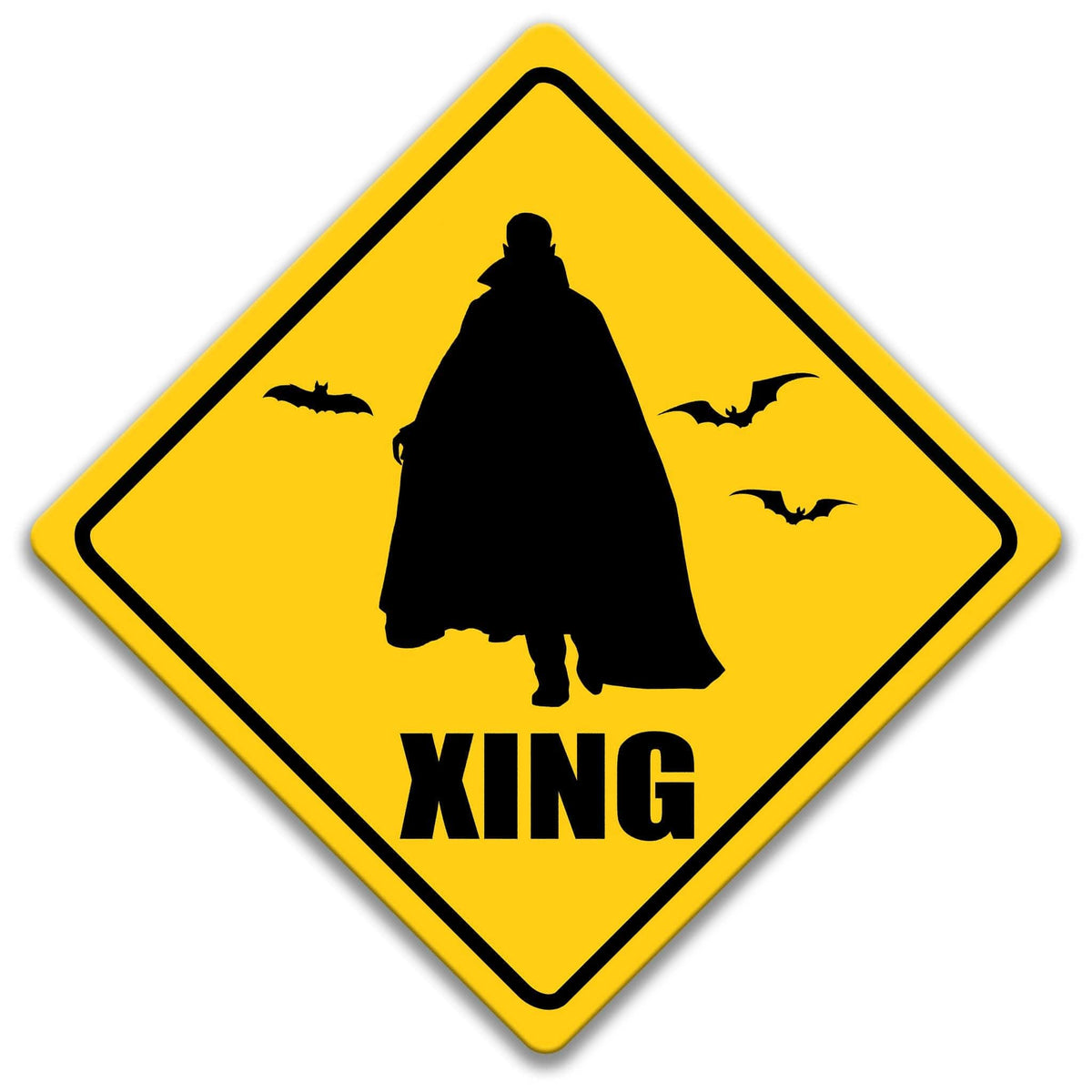 Vampire XING crossing sign, yellow diamond shape, caped vampire silhouette with flying bats above XING text