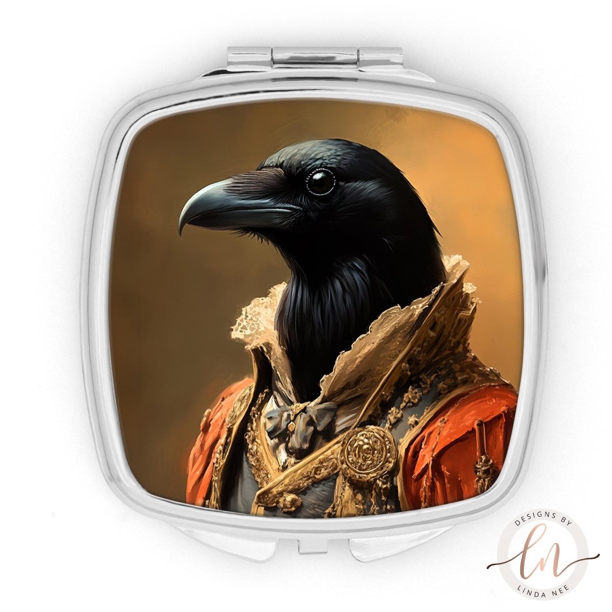 A close-up of a black crow wearing a golden and red outfit, with a serious expression on its face.