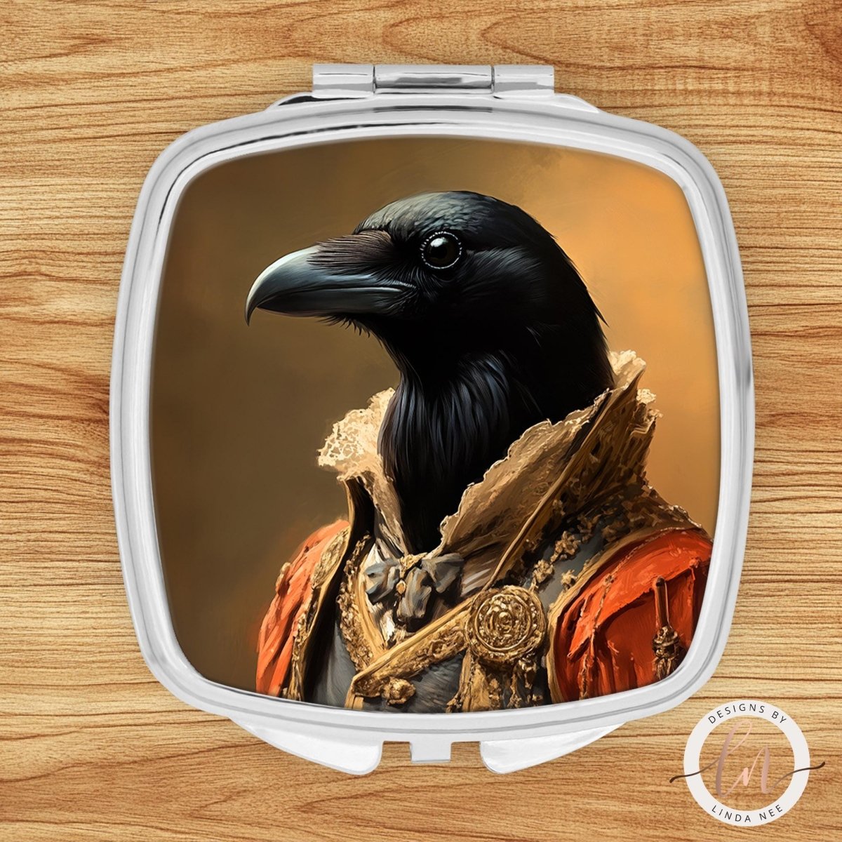 A close-up portrait of a black crow wearing a golden and orange outfit, with a serious expression on its face.